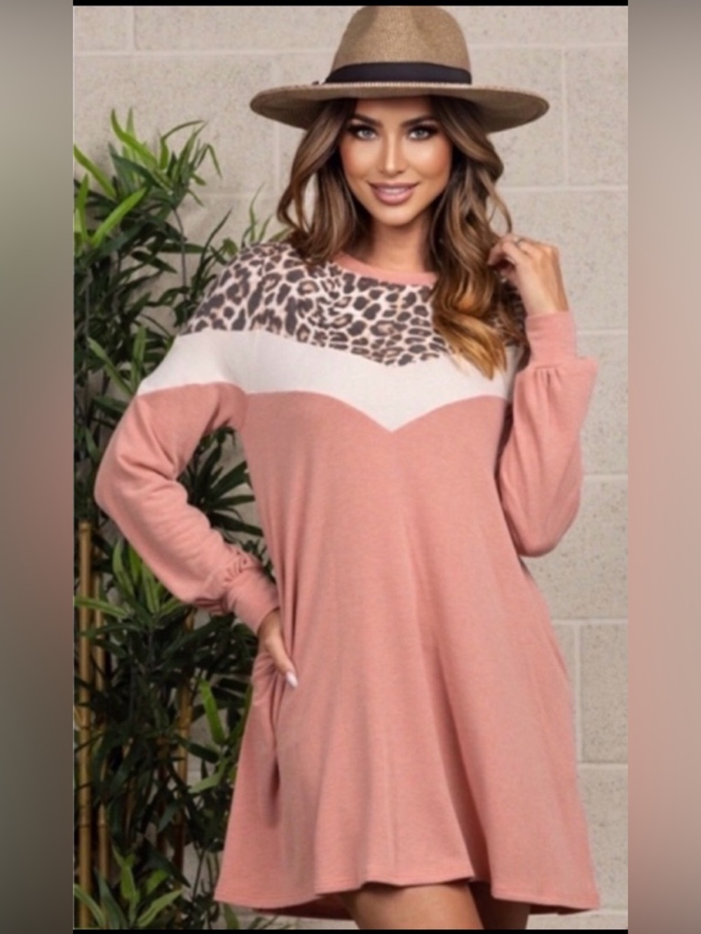 New USA MADE Mauve Leopard Chevron Women's Comfy Loose Fall Pocket Dress